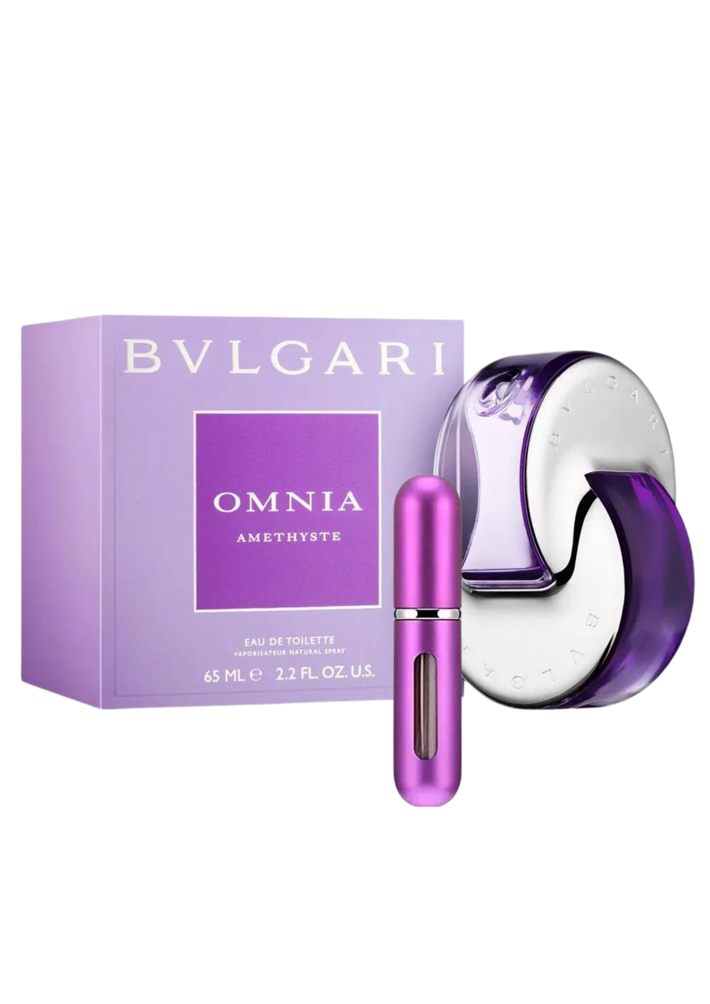 Omnia Bvlgari fragrance - Omnia Amethyste 65ml bottle with purple packaging and travel spray.