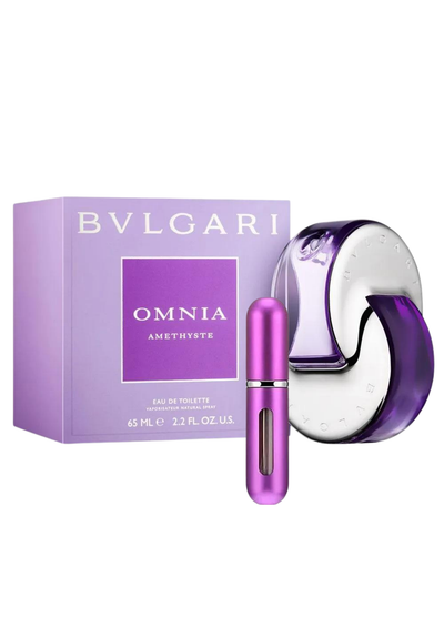 Omnia Bvlgari fragrance - Omnia Amethyste 65ml bottle with purple packaging and travel spray.