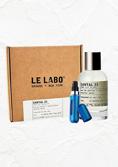 Le Labo Santal 33 eau de parfum bottle with packaging and blue travel spray by ALESANDIE PARFUMS
